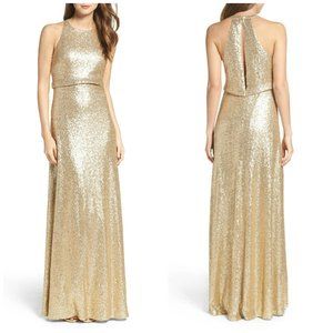 Jenny Yoo Sloane Sequin Halter Gown in Gold